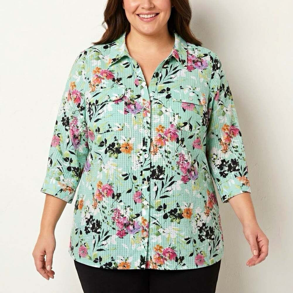 Kim Rogers Women’s 3X Plus Mint Green Floral Collared Botanical Boho Blouse